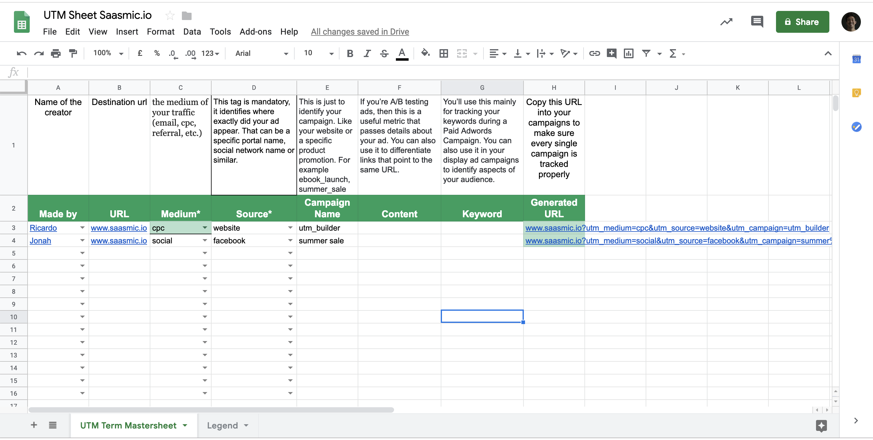 UTM template in Excel with dropdown lists